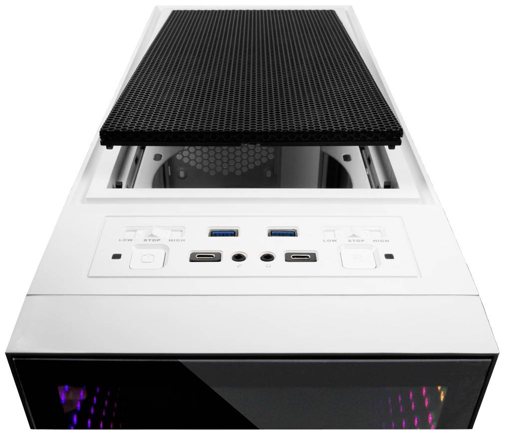 Białe obudowa komputera z kratką wentylacyjną na górze oraz złączami z przodu, w tym portami USB i przyciskami sterującymi.