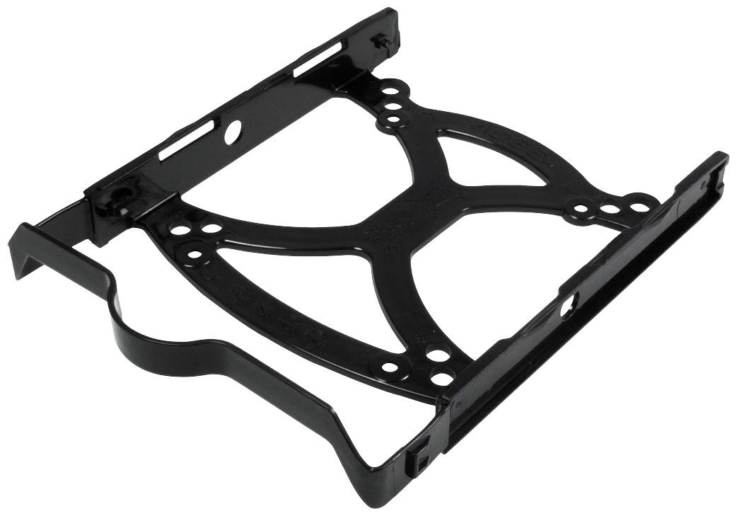 Czarna metalowa podstawa do dysków twardych lub podobnych komponentów, o prostokątnym kształcie z kilkoma otworami mocującymi.