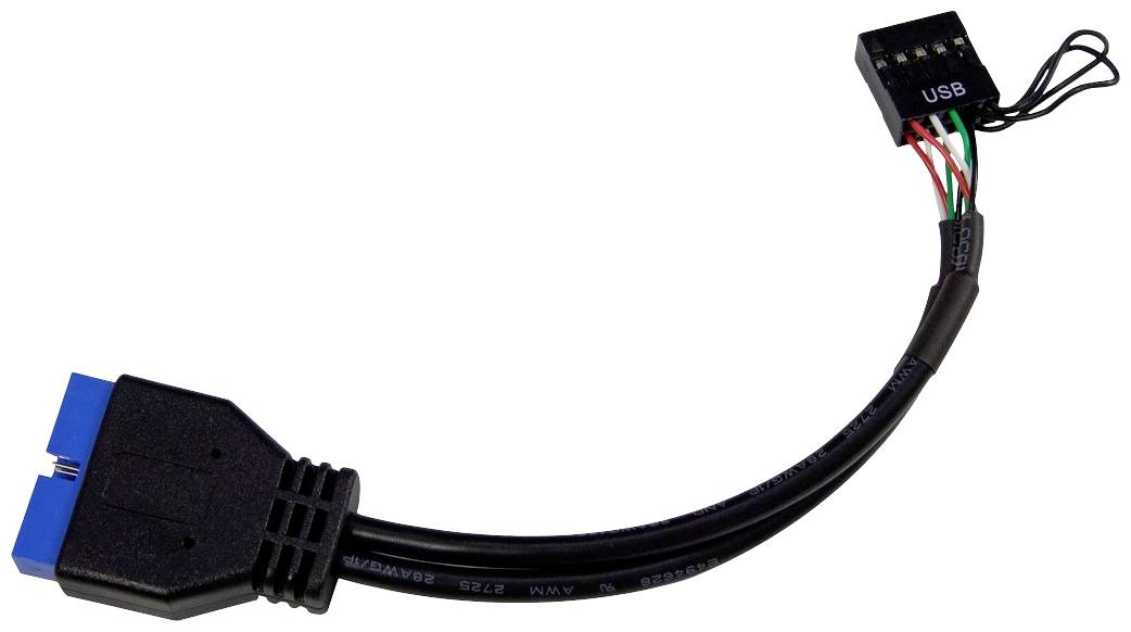 Adapter nagłówka USB 3.0 przedstawia niebieski wtyk oraz czarne pojedyncze gniazda z przewodami oznaczonymi kolorami.