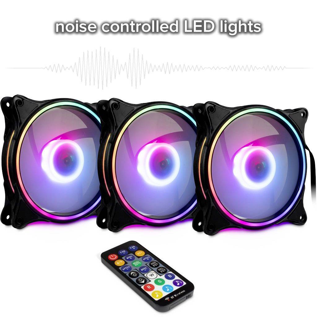 Trzy wentylatory LED z świecącymi pierścieniami, które reagują na dźwięki. Na zdjęciu przedstawiono również pilota do regulacji oświetlenia.