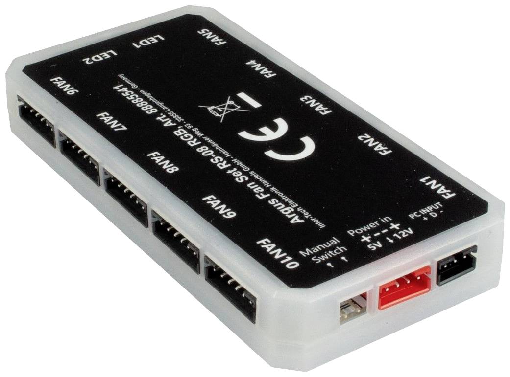 Czarny hub do wentylatorów z wieloma złączami do przewodów wentylatorów, diod LED i zasilania. Posiada oznaczenie CE i numer modelu.