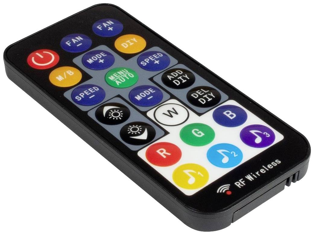 Pilot zdalnego sterowania z kolorowymi przyciskami do sterowania lampami LED. Przyciski do włączania/wyłączania, wyboru kolorów, regulacji jasności i trybów pracy. Grawerowanie: 'RF Wireless'.