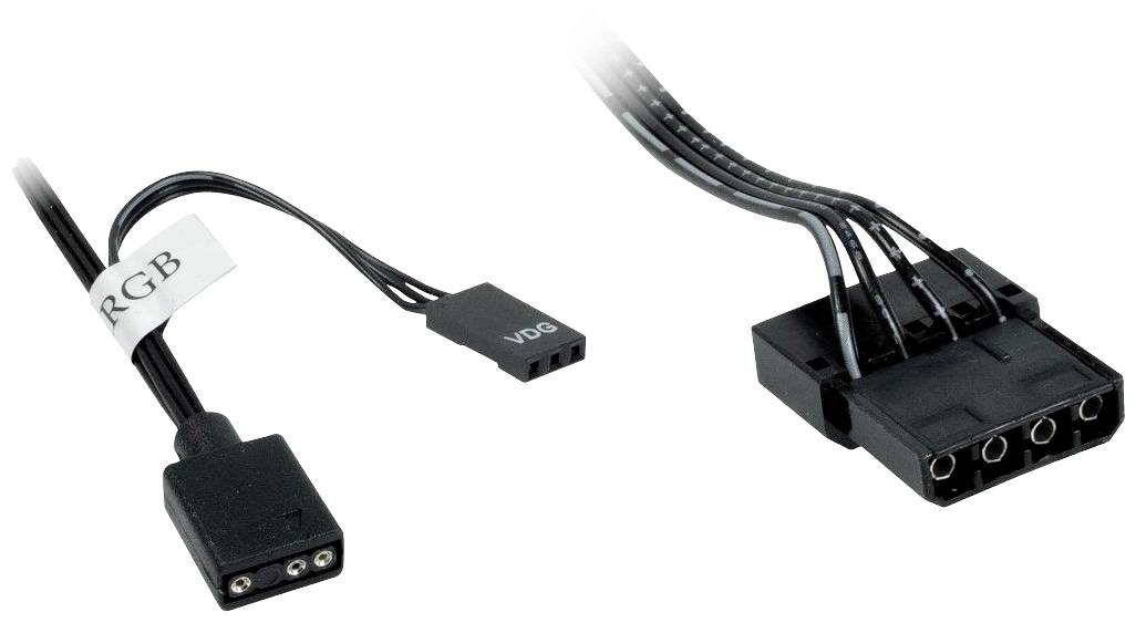 'Dwa czarne wtyczki kablowe, po lewej wtyczka RGB 3-pinowa, a po prawej wtyczka 4-pinowa, oba do połączeń elektronicznych.'