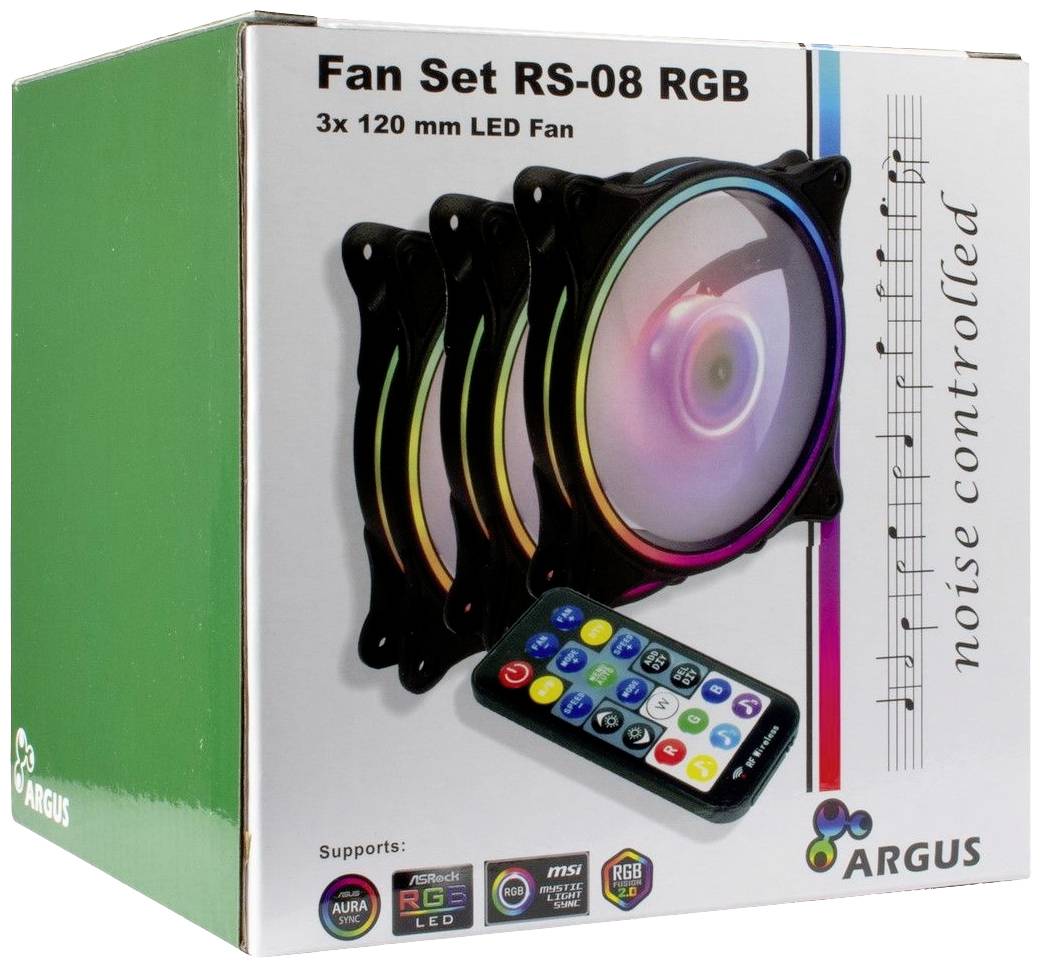 Zestaw trzech wentylatorów RGB 120 mm z pilotem zdalnego sterowania na opakowaniu produktu. Kompatybilny z różnymi systemami podświetlenia.