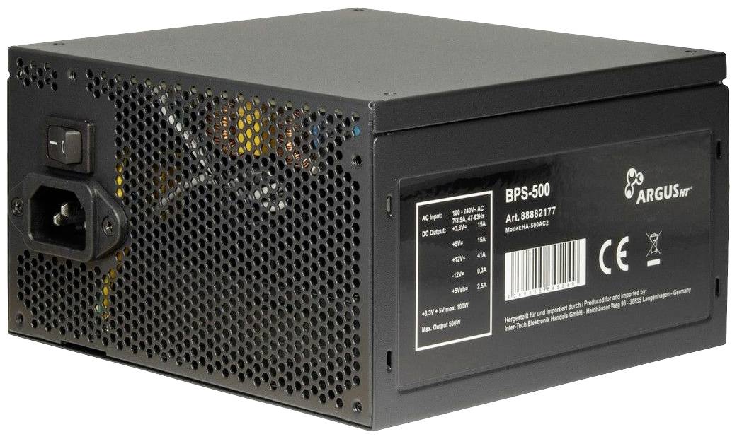 Czarny zasilacz komputerowy z kratką wentylacyjną i naklejką ze specyfikacjami technicznymi oraz certyfikatami na boku.