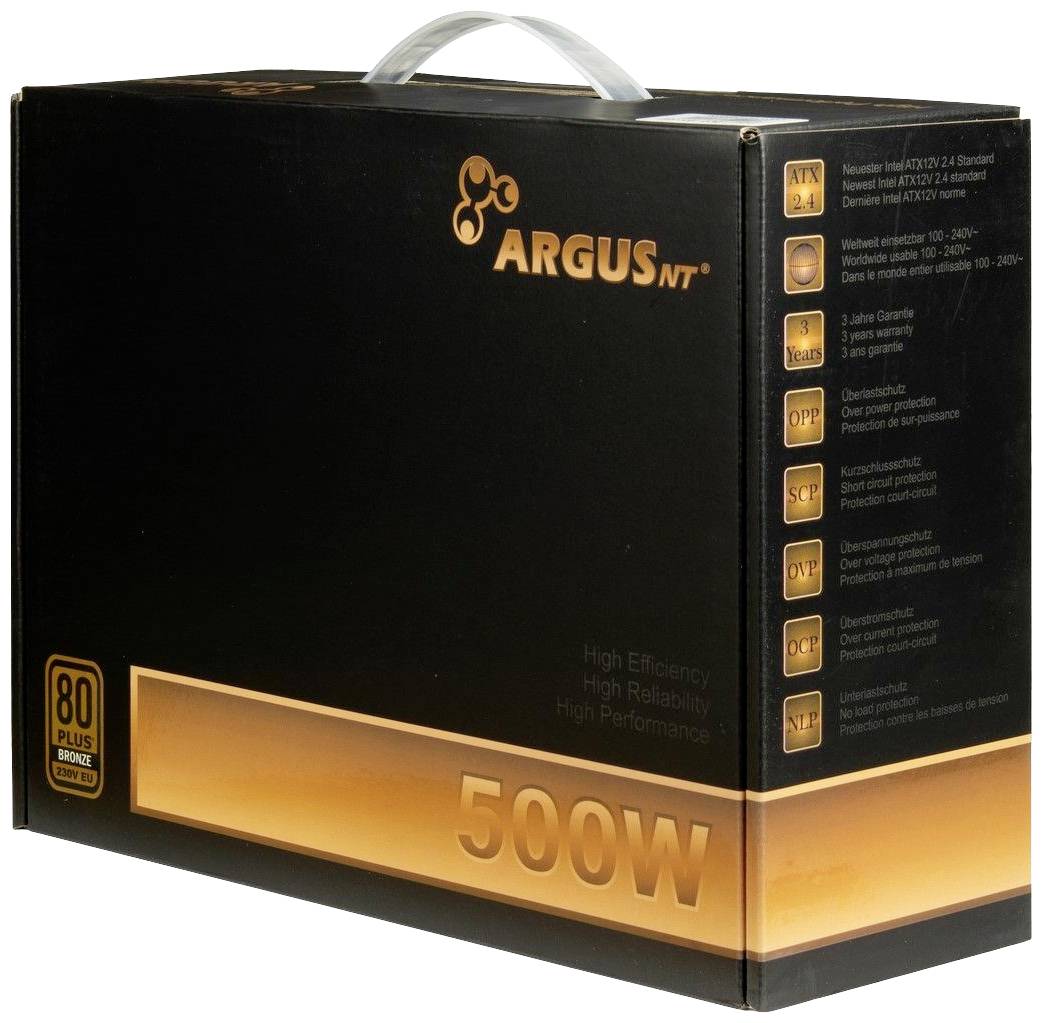Czarna obudowa zasilacza 500W z pomarańczowymi akcentami. Nazwa marki u góry, specyfikacje techniczne po prawej stronie.
