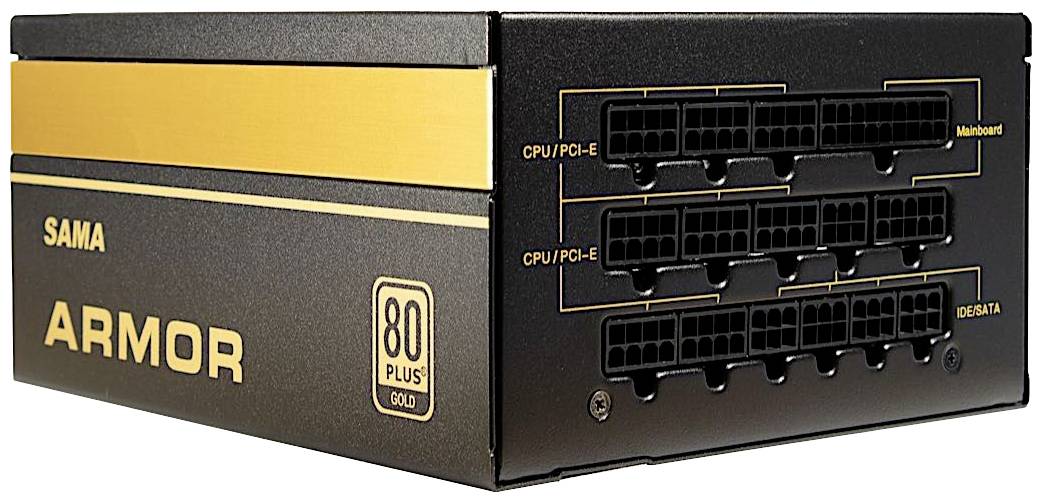 Czarny zasilacz komputerowy z napisem 'SAMA ARMOR 80 PLUS GOLD'. Pokazuje kilka złączy dla procesora, PCI-E, płyty głównej oraz IDE/SATA.