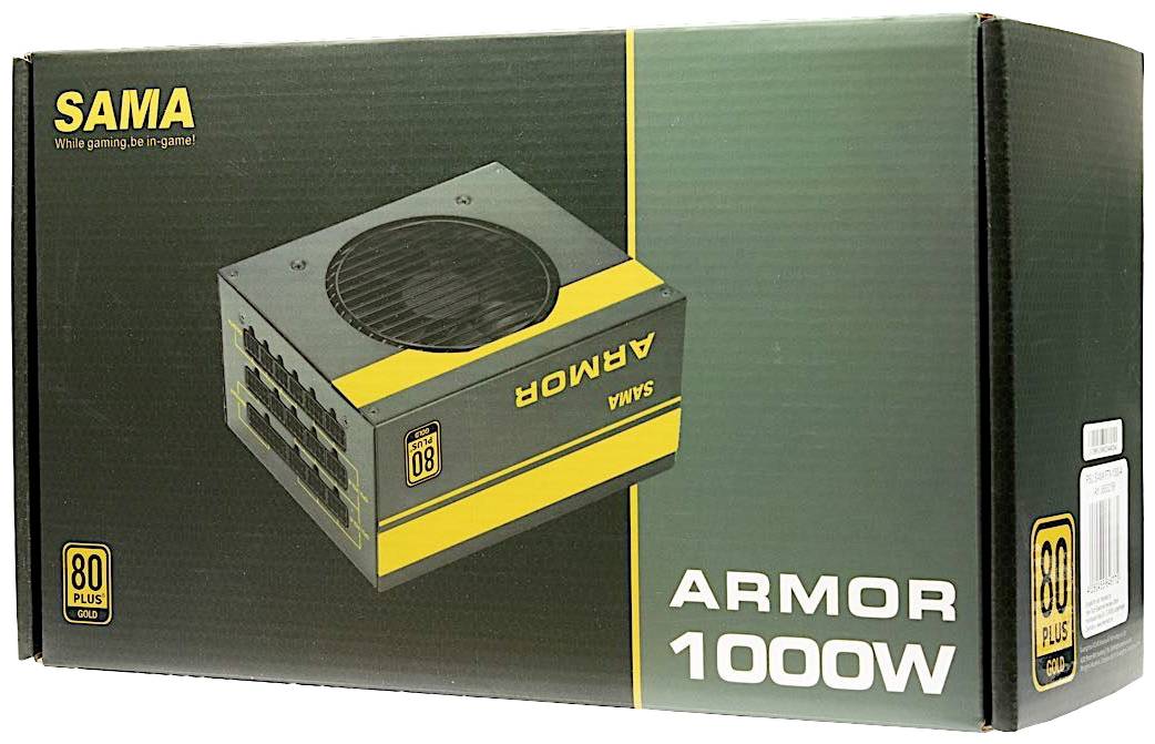 Opakowanie z napisem 'ARMOR 1000W', przedstawiające zdjęcie zasilacza komputerowego. Logo '80 Plus Gold' w lewym dolnym rogu.