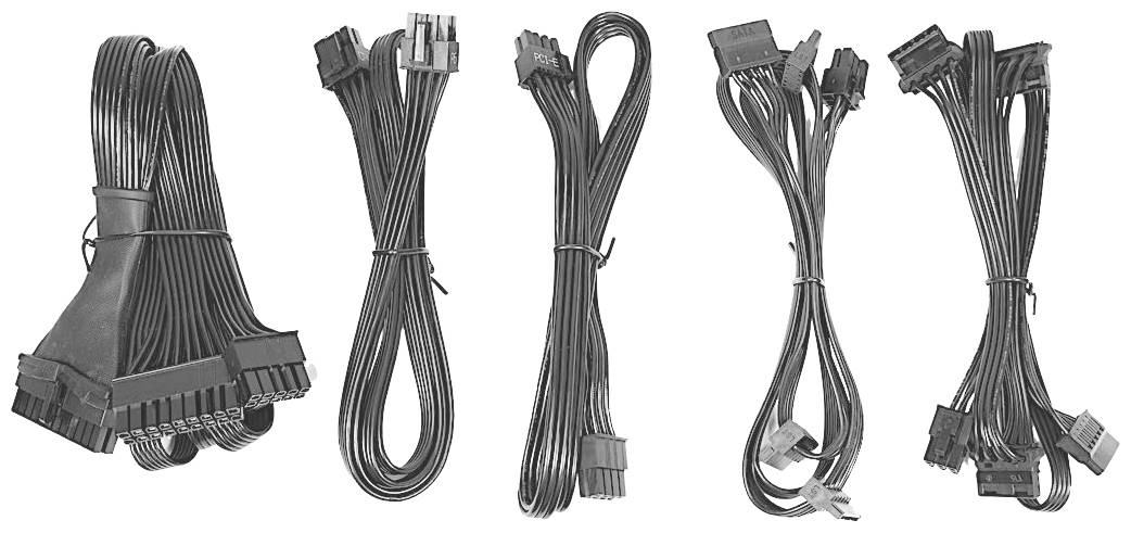 Pięć wiązek przewodów z różnymi złączami, w tym PCIe i SATA, do podłączania podzespołów komputerowych, ułożonych obok siebie.