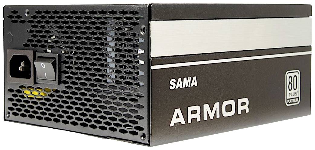 Zasilacz SAMA ARMOR z certyfikatem 80 PLUS Platinum. Odpowiedni do komputerów, zapewnia wydajne zasilanie.