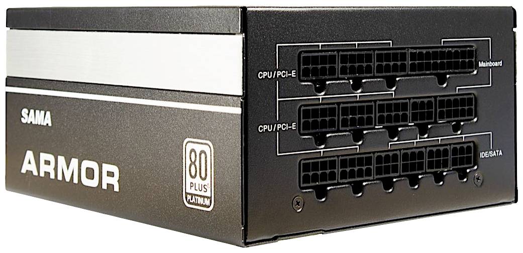 Czarny zasilacz komputerowy z wieloma złączami, model 'SAMA ARMOR', certyfikat 80 PLUS Platinum.