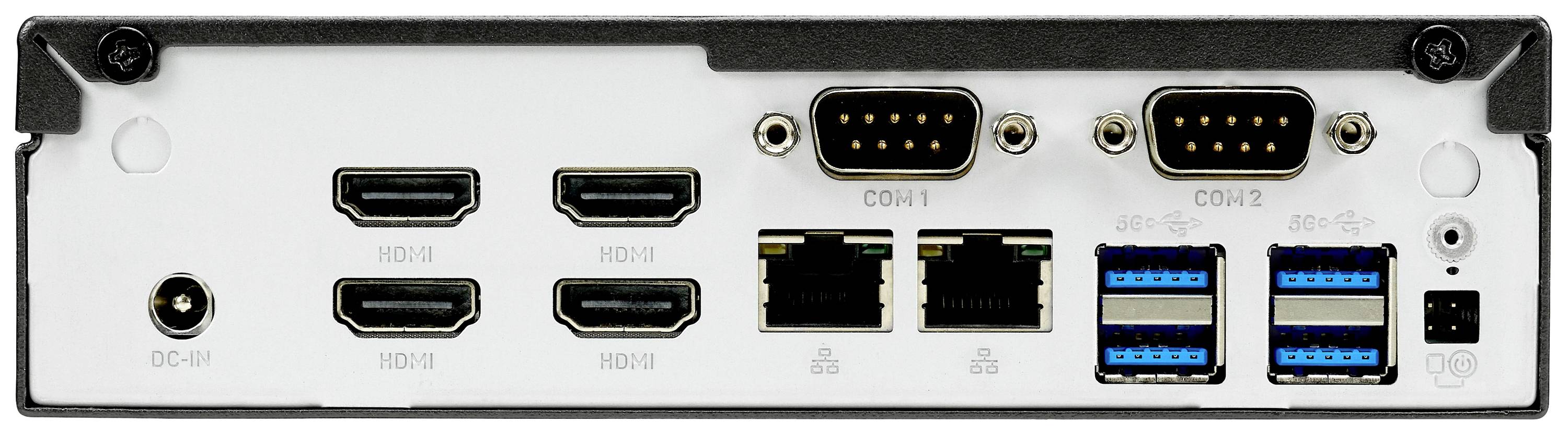 Widok z tyłu urządzenia z gniazdami: pięć złączy HDMI, dwa porty szeregowe, dwie sieci Ethernet, cztery porty USB i gniazdo zasilania.