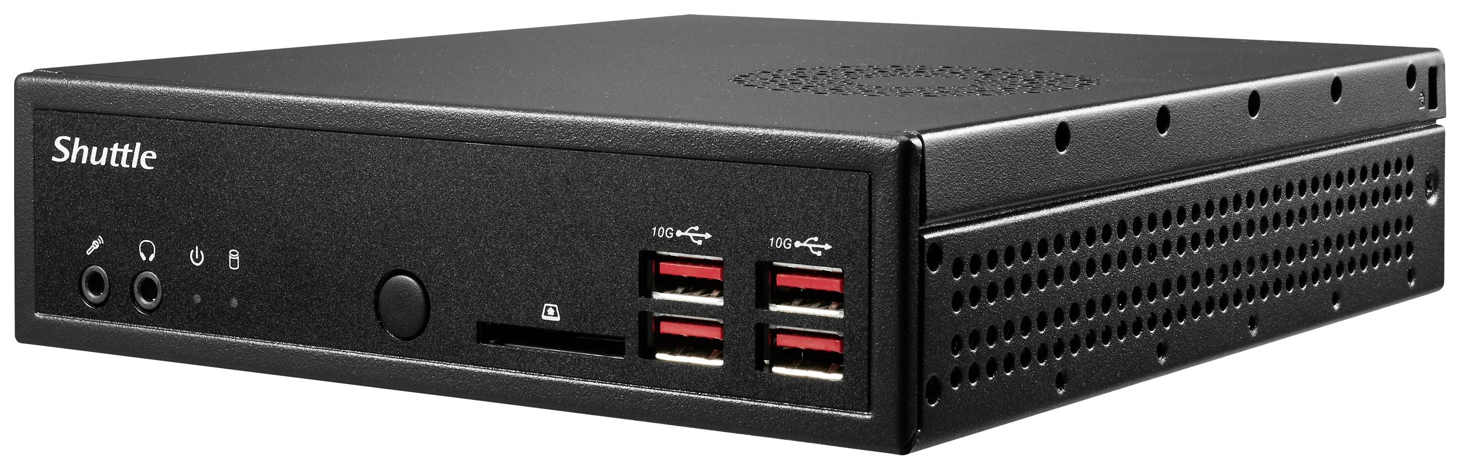 Kompaktowy, czarny mini-komputer z wieloma portami USB z przodu.