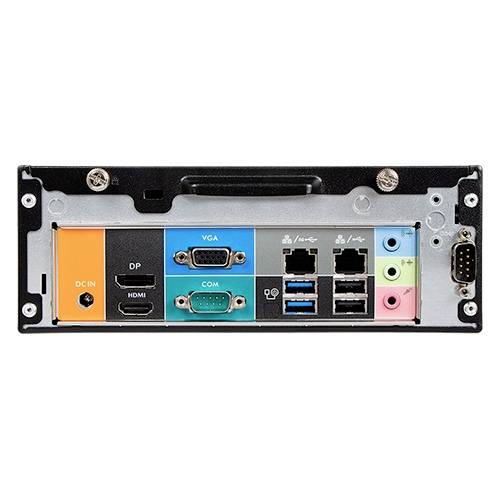 'Tylna strona płyty głównej komputera z gniazdami: DC IN, DP, HDMI, VGA, COM, USB, Ethernet oraz złącza audio.'