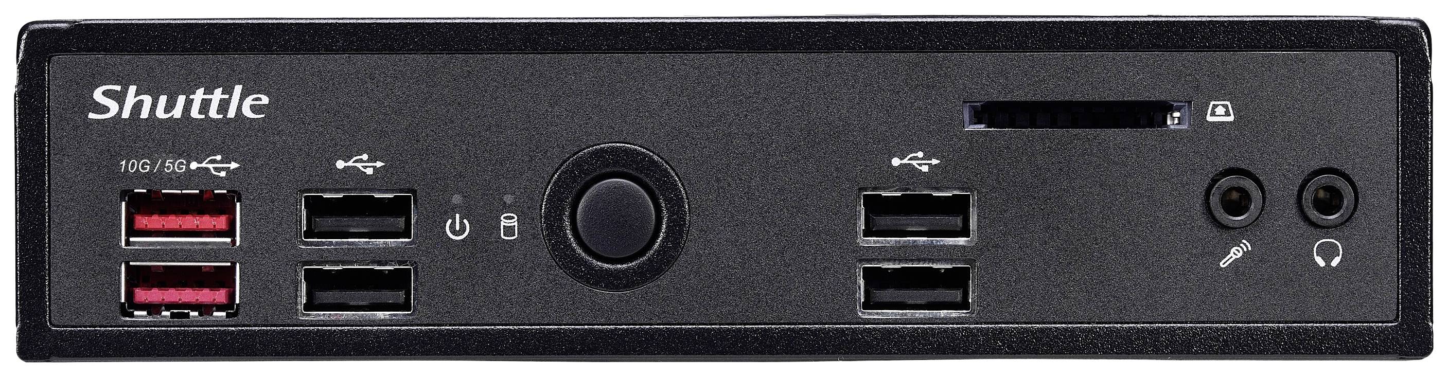 Czarny mini-komputer widziany z przodu, sześć portów USB, przycisk zasilania pośrodku, gniazdo karty SD po prawej stronie, złącza audio w prawym dolnym rogu.