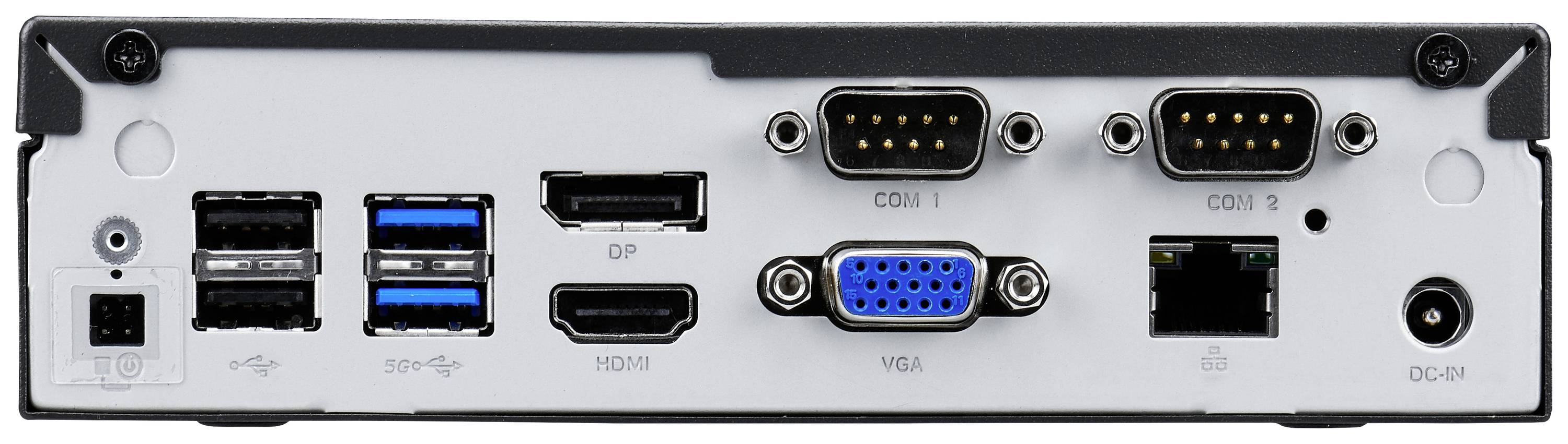 'Tylna strona komputera z różnymi złączami: USB, DisplayPort, HDMI, VGA, port szeregowy, Ethernet i zasilanie.'