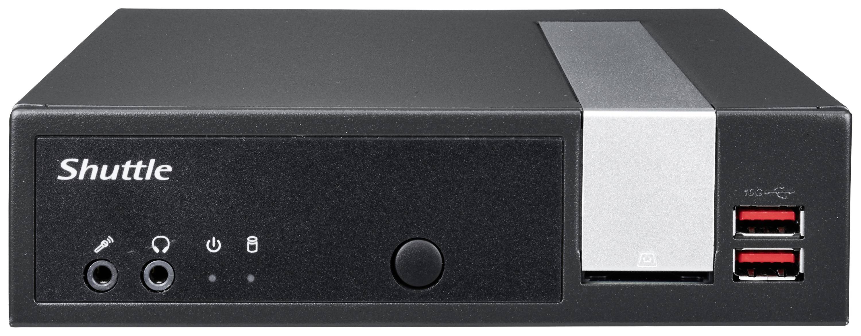 Czarny mini-komputer z napisem 'Shuttle', z dwoma portami USB i gniazdami audio z przodu. Kompaktowa, prostokątna budowa.