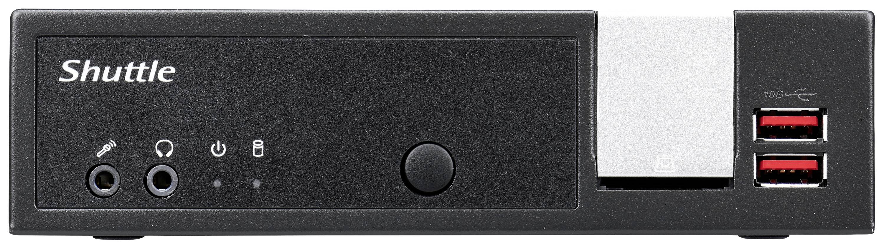 Kompaktowy czarny komputer shuttle z portami i przyciskami na przedniej ściance.