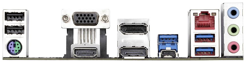 Widok z tyłu złączy komputerowych: PS/2, VGA, HDMI, DisplayPort, USB 3.0, RJ-45 Ethernet, złącza audio.