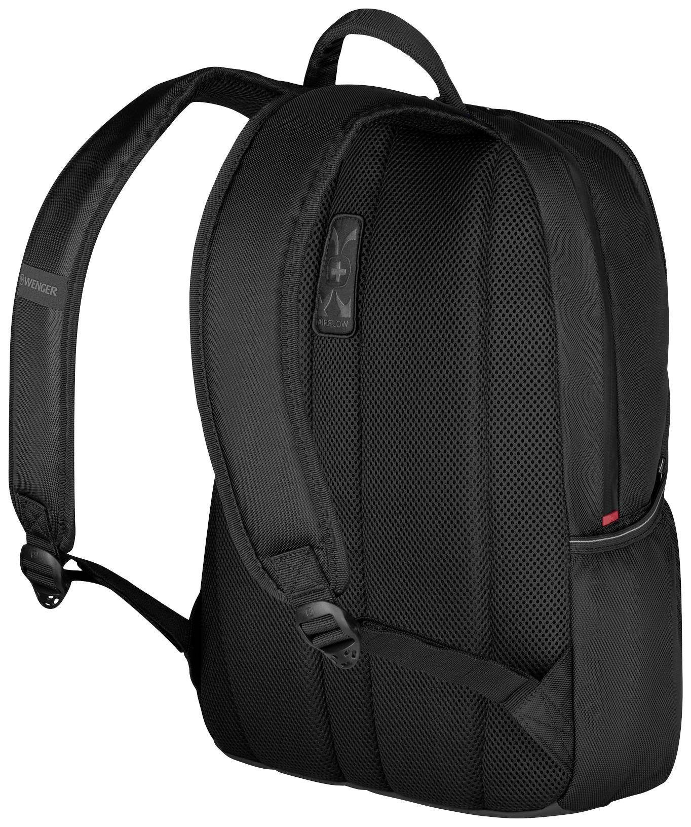 Czarny plecak z wyściełanymi paskami na ramiona, kieszenią boczną i siatką wentylacyjną na plecach, przeznaczony do codziennego użytku.