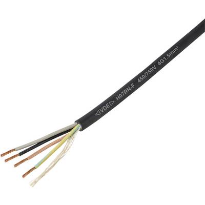 Czarny kabel elektryczny z wieloma odkrytymi przewodami miedzianymi na końcu, oznaczony jako 'H07RN-F 450/750V 4G1.5mm²', używany do podłączeń zasilających.