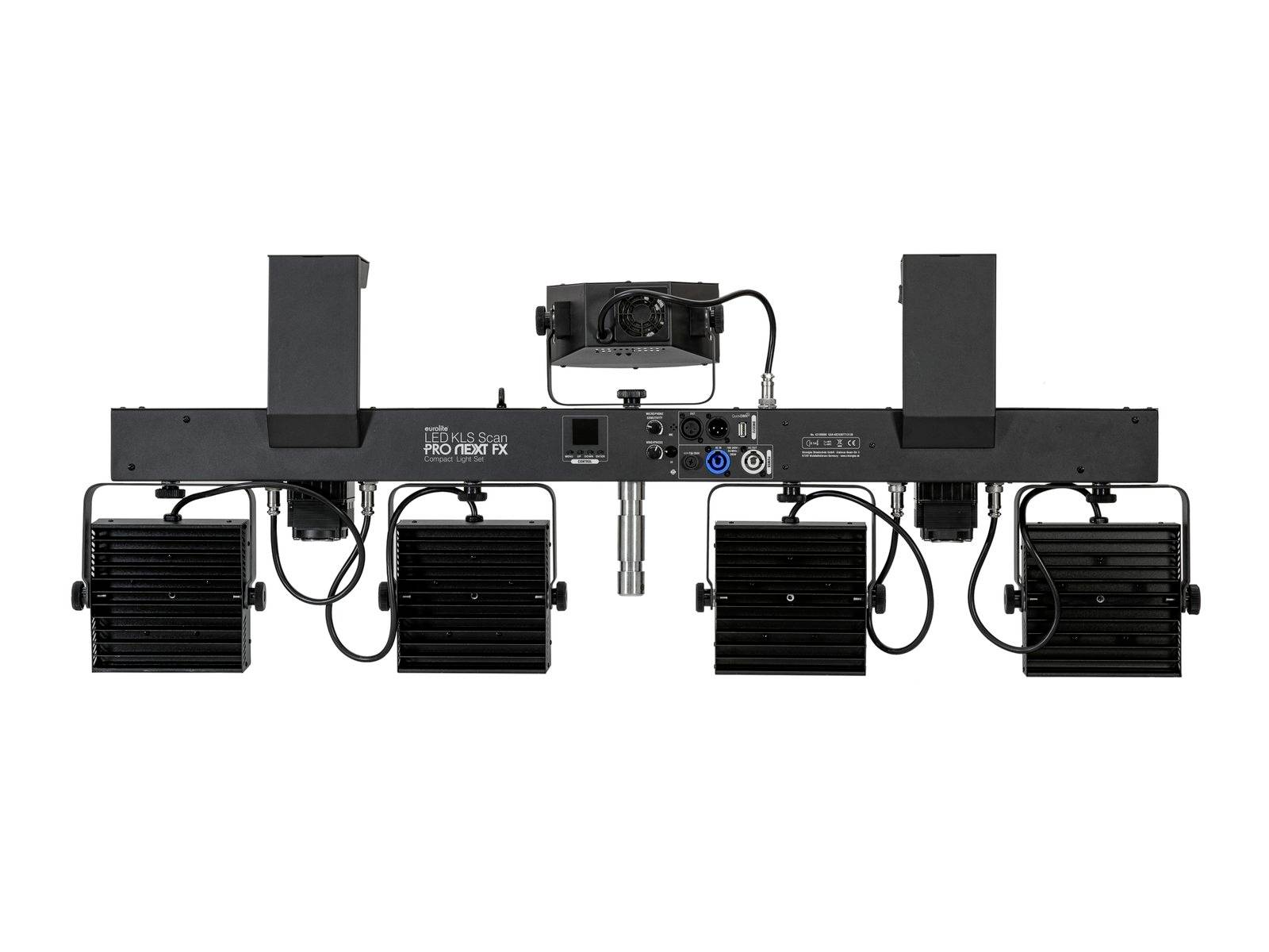 System oświetleniowy z czterema panelami LED i centralną jednostką sterującą, przeznaczony do oświetlenia scenicznego lub użytku podczas wydarzeń.