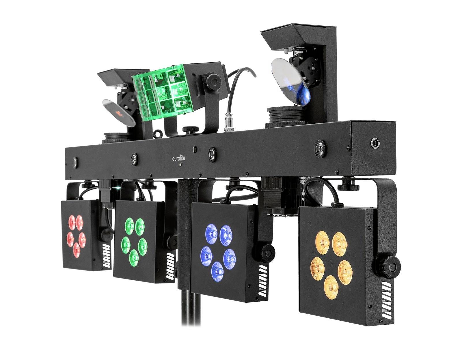 Wielokolorowa jednostka oświetleniowa sceny z reflektorami LED w kolorach czerwonym, zielonym, niebieskim i białym, zamontowana na czarnej belce poprzecznej.