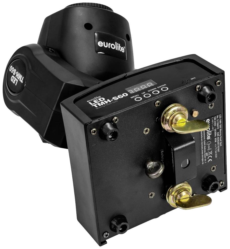 Urządzenie oświetleniowe LED Moving Head marki Eurolite, model TMH S60, w czarnej obudowie. Idealne do efektów scenicznych.