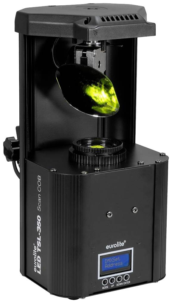 Projektor Eurolite LED TSL-350 Scan COB w czarnej obudowie, z zielonym strumieniem światła i cyfrowym wyświetlaczem na przedniej ściance.