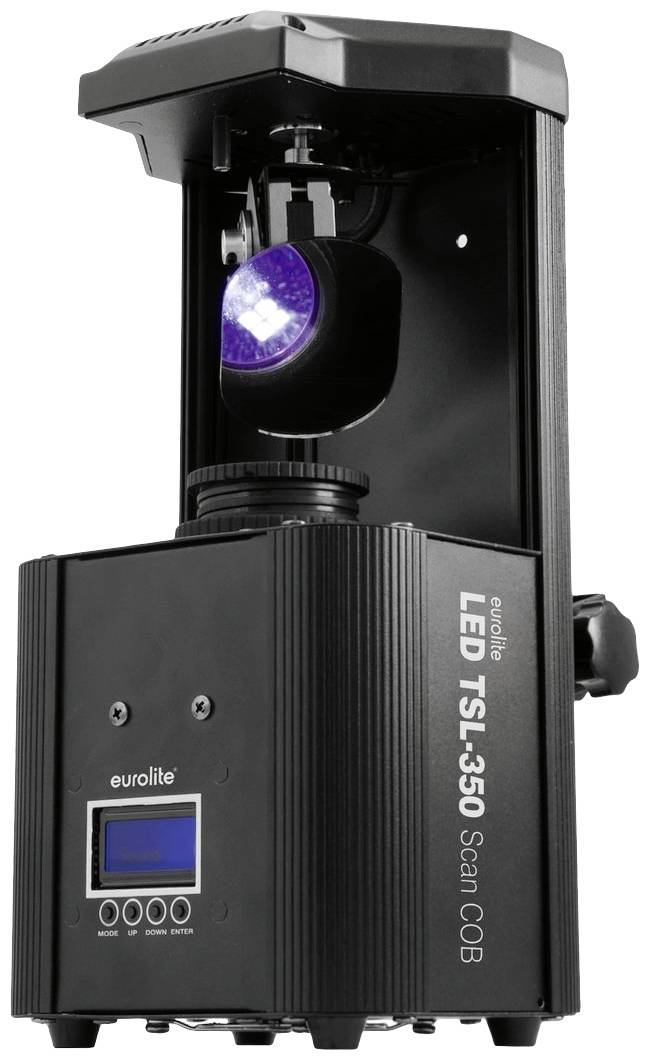 Czarne urządzenie oświetleniowe LED (Eurolite TSL-350) z obrotową głowicą świetlną i wyświetlaczem cyfrowym, odpowiednie do efektów scenicznych.
