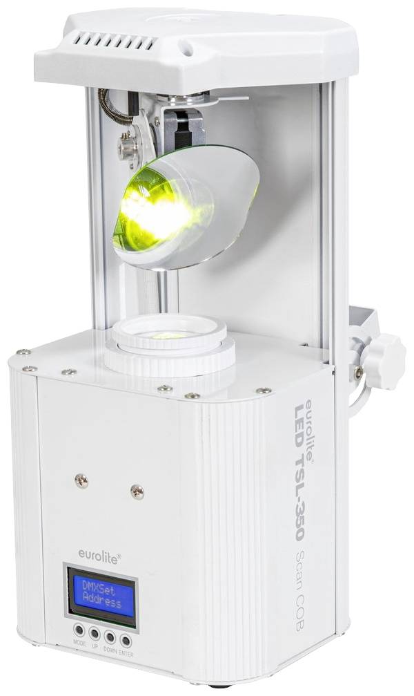 Białe urządzenie oświetleniowe z cylindryczną podstawą i soczewką na górze, świecące na zielono. Nadruk: 'eurolite LED TS-350'.