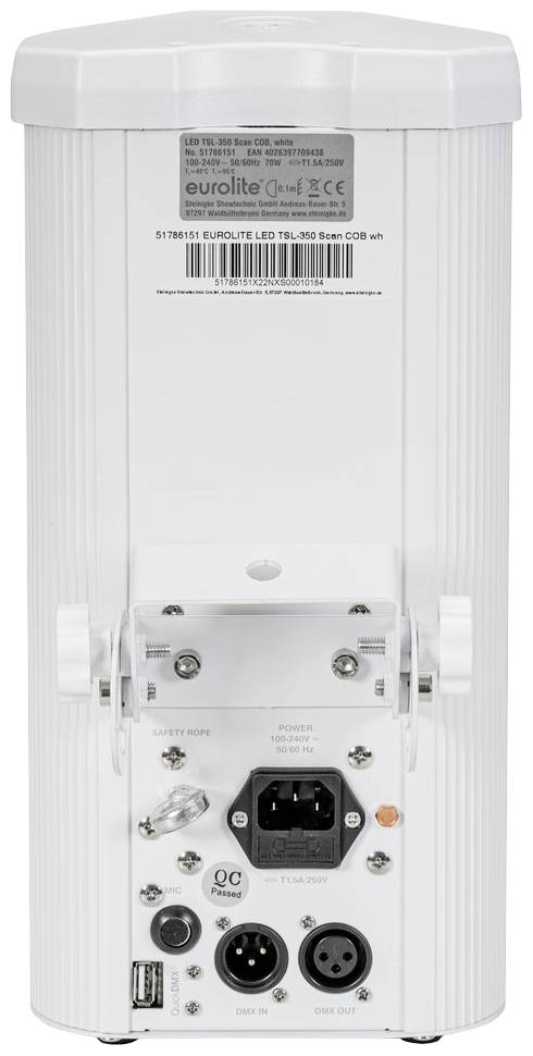 Biała lampa LED z różnymi złączami z tyłu, w tym DMX i zasilaniem.