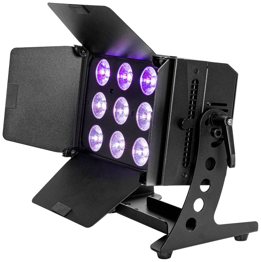 Czarny reflektor LED z dziewięcioma okrągłymi fioletowymi światłami, regulowanymi przesłonami i mocowaniem. Idealny do efektów scenicznych lub oświetlenia akcentowego.