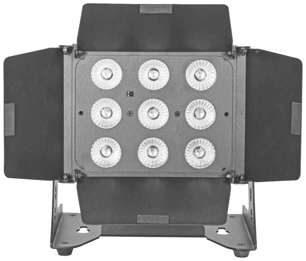 Prostokątny reflektor LED z dziewięcioma okrągłymi soczewkami, otoczony regulowanymi czarnymi klapami do sterowania światłem.