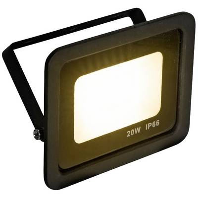 Prostokątny reflektor LED z napisem '20W IP66', świecący ciepłym białym światłem, odpowiedni do użytku na zewnątrz.