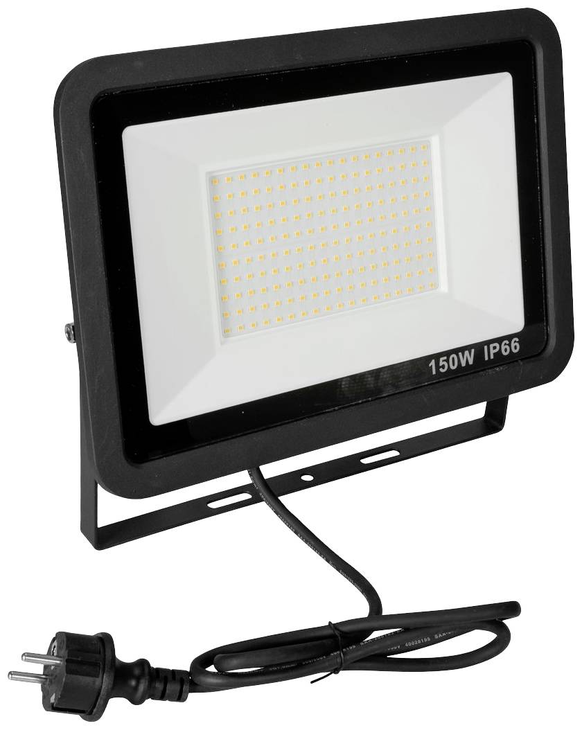 Reflektor LED o mocy 150 watów i stopniu ochrony IP66, charakteryzujący się prostokątną bryłą, wyposażony w przewód sieciowy i wtyczkę.