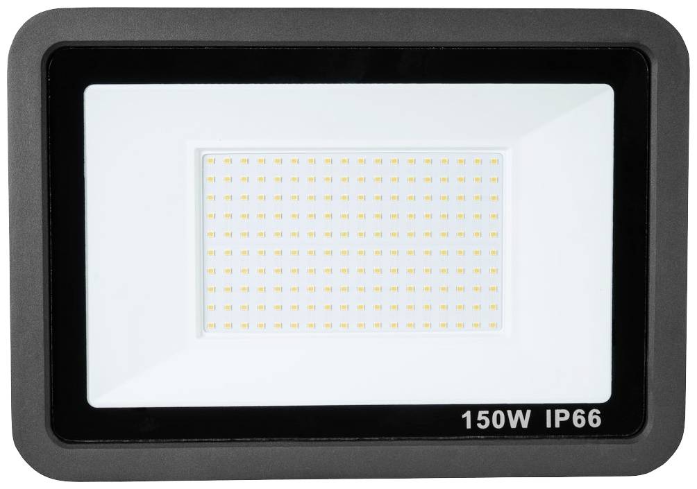 Prostokątny reflektor LED z czarną ramą, o mocy 150W i klasie ochrony IP66, odpowiedni do oświetlenia zewnętrznego.
