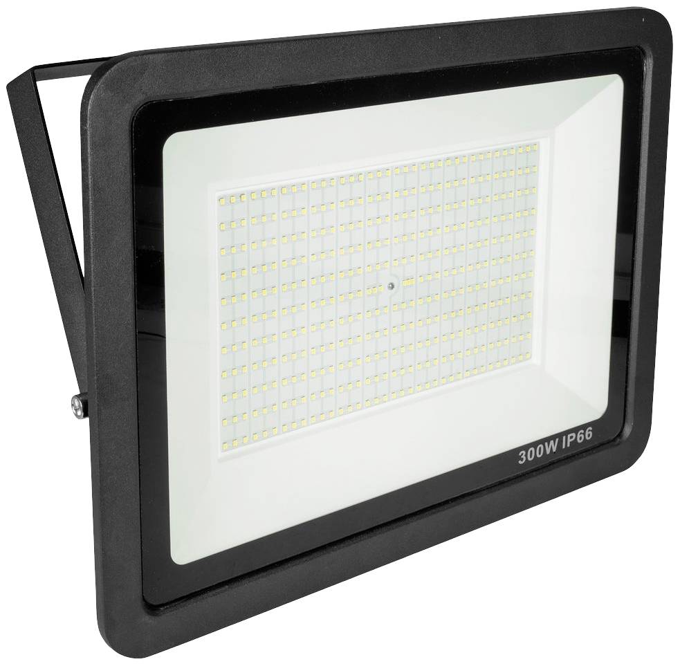 Naświetlacz LED o mocy 300W w prostokątnej obudowie, przystosowany do użytku na zewnątrz dzięki stopniowi ochrony IP66.
