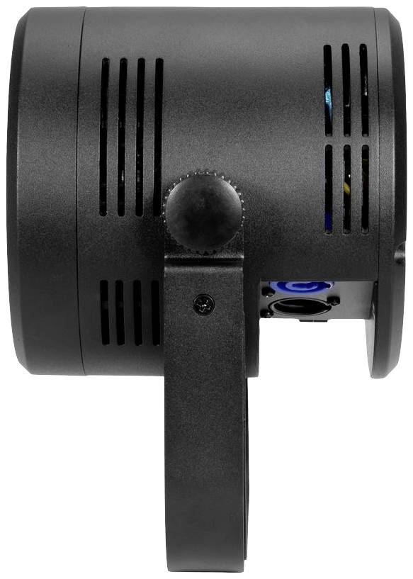 Czarny reflektor sceniczny jest przedstawiony z boku. Widoczne są szczeliny wentylacyjne oraz uchwyt do montażu.