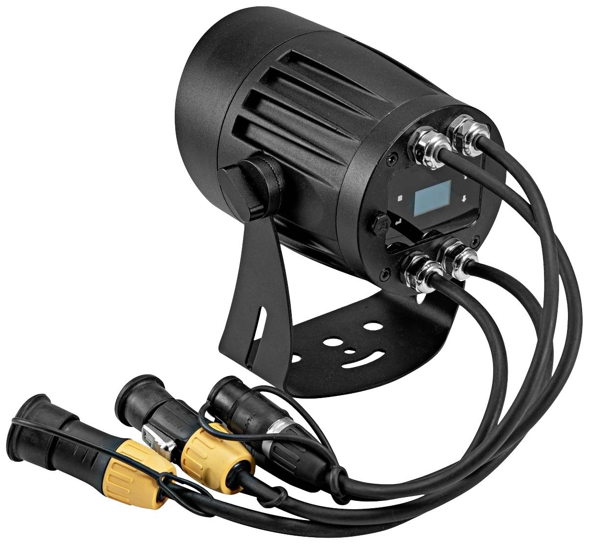 Czarny elektroniczny sprzęt z wieloma przewodami połączeniowymi i małym wyświetlaczem, zamontowany na uchwycie.