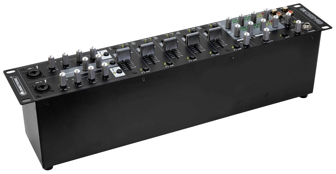 Konsoleta audio z różnymi pokrętłami, suwakami i złączami do regulacji dźwięku i przetwarzania sygnału.