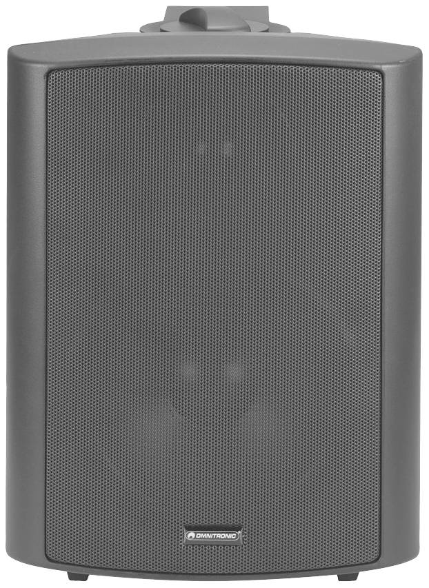 Szary głośnik o prostokątnym kształcie i zaokrąglonych narożnikach. Przód zabezpieczony jest metalową siatką.