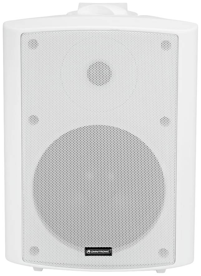 Biała kolumna głośnikowa widziana z przodu z dwoma widocznymi kratkami głośnikowymi i logo marki u dołu, odpowiednia do stosowania wewnątrz i na zewnątrz pomieszczeń.