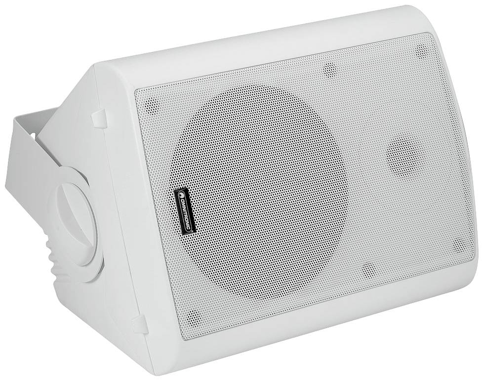 Biała skrzynka głośnikowa z kratką osłaniającą, możliwa do zamontowania na ścianach lub sufitach, odpowiednia do stosowania wewnątrz i na zewnątrz pomieszczeń.