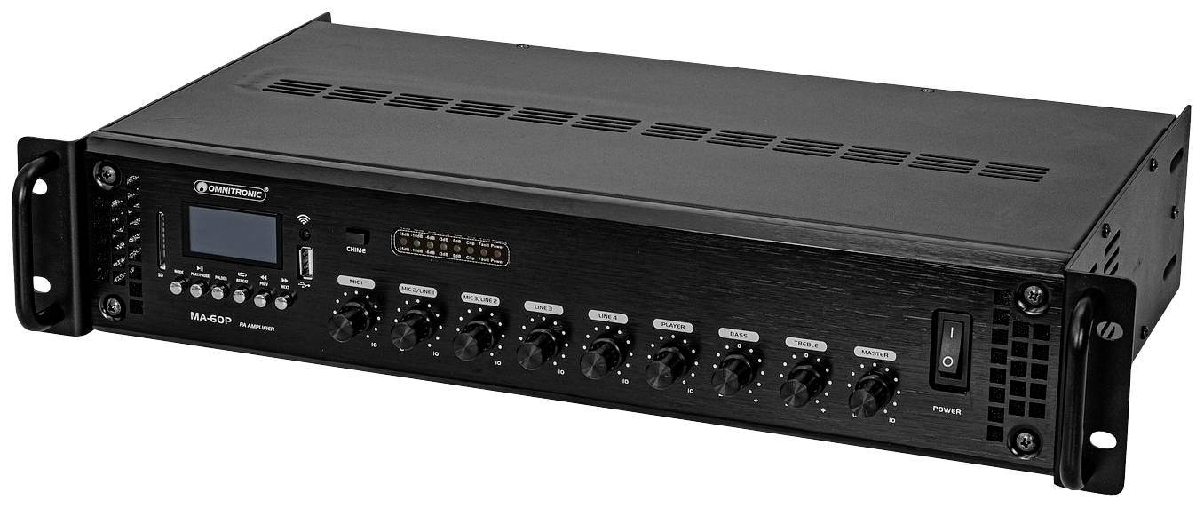 Czarny wzmacniacz audio z wieloma pokrętłami i małym wyświetlaczem cyfrowym po lewej stronie. Odpowiedni do profesjonalnych zastosowań dźwiękowych.