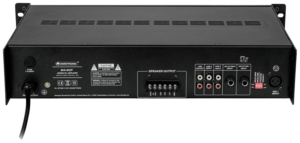 Widok z tyłu wzmacniacza audio z różnymi złączami wejściowymi i wyjściowymi, w tym złączami XLR, RCA oraz wyjściami głośnikowymi, a także przewodem zasilającym.