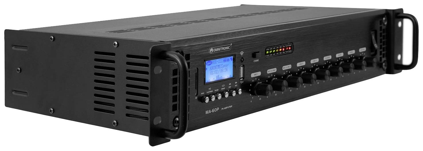 Czarny wzmacniacz 19-calowy z wyświetlaczem cyfrowym, pokrętłami oraz otworami wentylacyjnymi po bokach; odpowiedni do urządzeń audio.