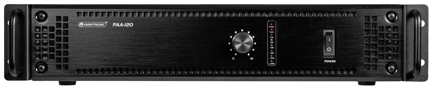 Czarny wzmacniacz audio z otworami wentylacyjnymi po lewej i prawej stronie, centralnym regulatorem głośności oraz wskaźnikami LED po prawej stronie.