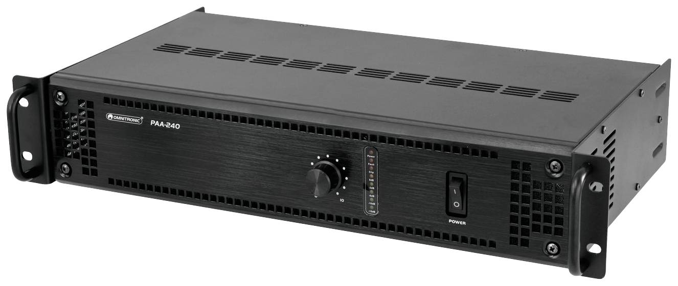 'Czarny wzmacniacz audio z pokrętłem regulacji na środku, po lewej stronie kratka wentylacyjna, po prawej przełącznik i wskaźnik LED.'