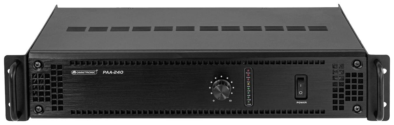 Czarny wzmacniacz audio z centralnym regulatorem głośności, wskaźnikiem mocy i włącznikiem zasilania po prawej stronie.